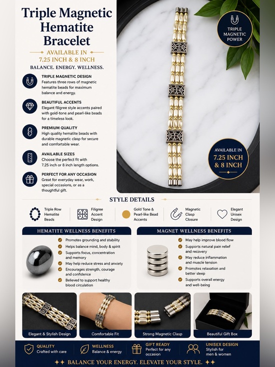 Jewelry - Hematite Triple-Row Magnetic Bracelet - Gold Tone & Pearl Bead Accents